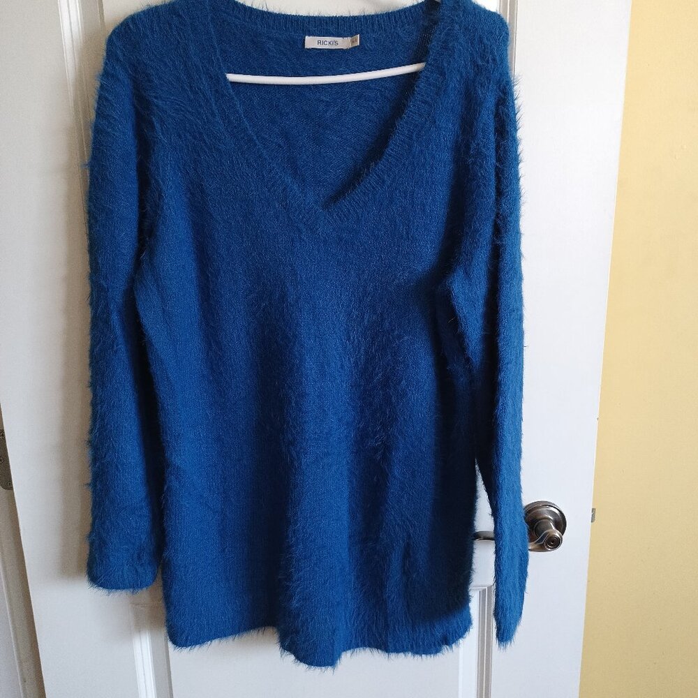 Rickis Womens V-Neck Feather Yarn Pullover Sweater Size Large